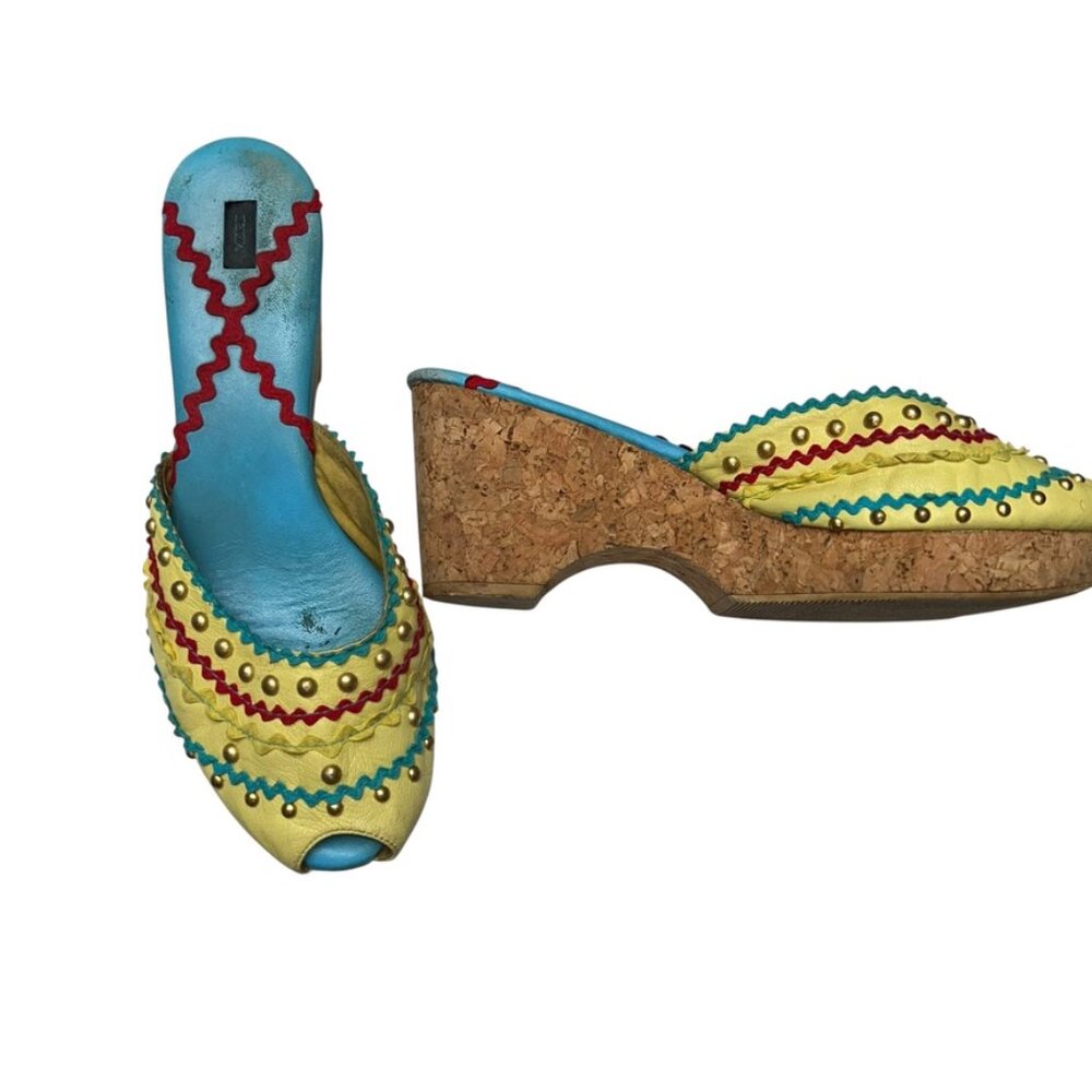 Vintage Yellow and Blue Mules with Cork Heel - Picture 5 of 6
